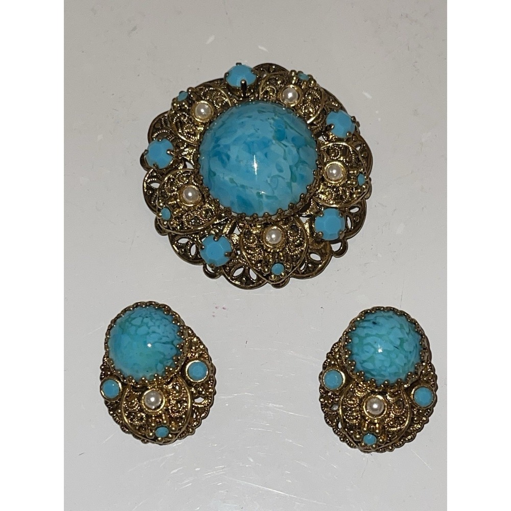 Vintage W. Germany Faux Turquoise Cabochon Filligree Brooch Pin & Clip Earrings